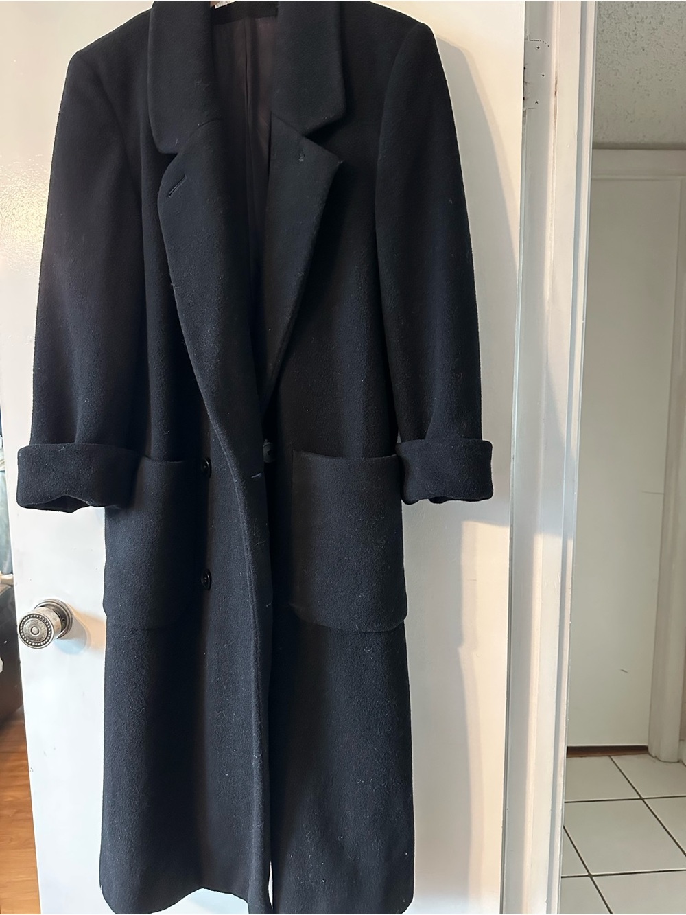 Vintage Perry Ellis women’s black 100% wool long coat Made in USA